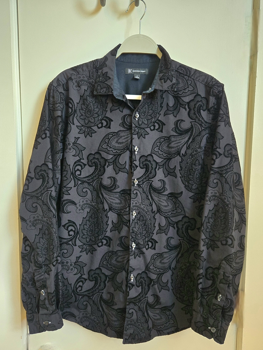 INC International Concepts Mens Velvet Paisley Button Down Shirt Dark Rock Goth